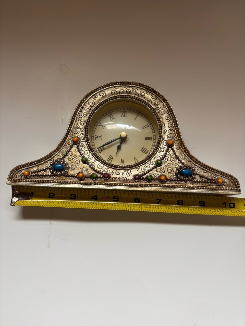Ornate Silver-Tone Mantel Clock with Multicolor Accents
